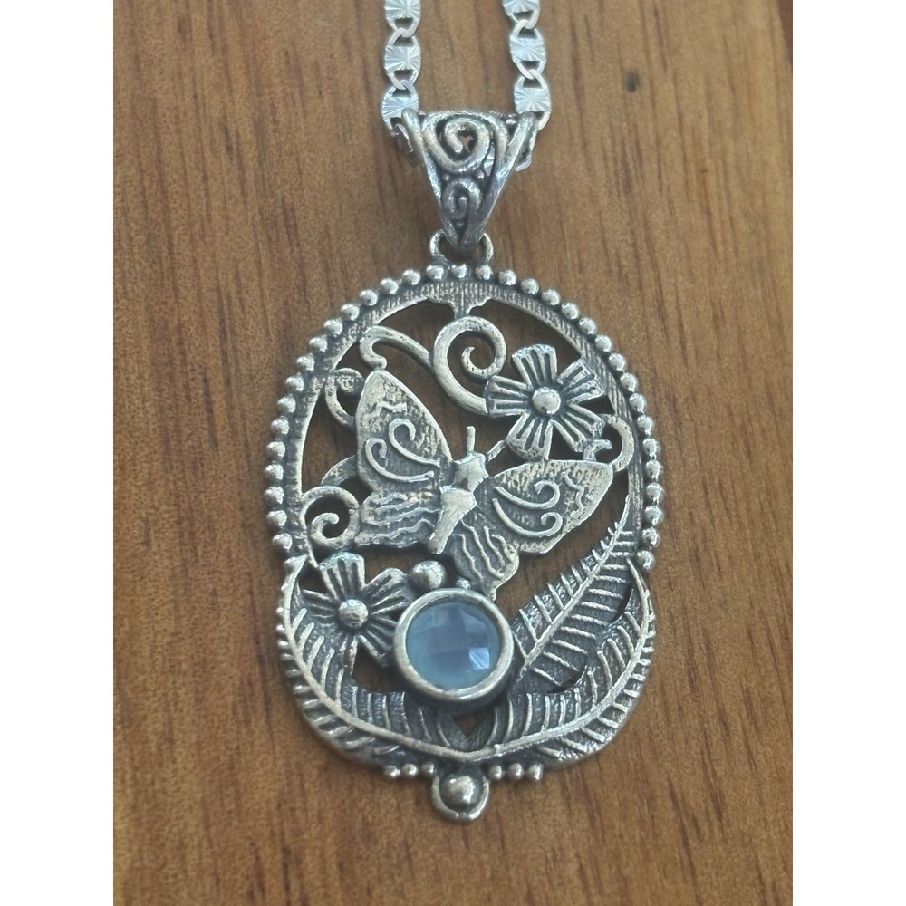 Southwestern Beautiful Sterling Faceted Blue Chalcedony Butterfly Pendant 24"